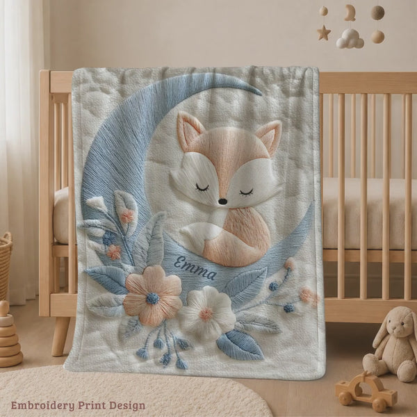 Personalized Fox Baby Blanket, Embroidery Print Look, Floral Moon Nursery Gift