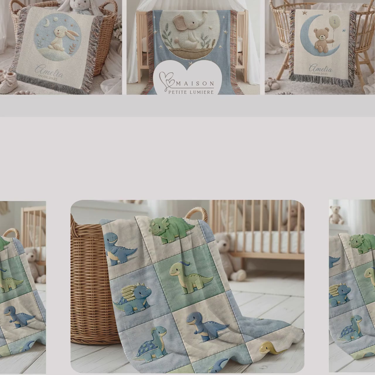 Personalized Dinosaur Patchwork Baby Blanket with Name • Quilt Look Dino Nursery Blanket • Neutral Baby Blanket • Newborn Gift