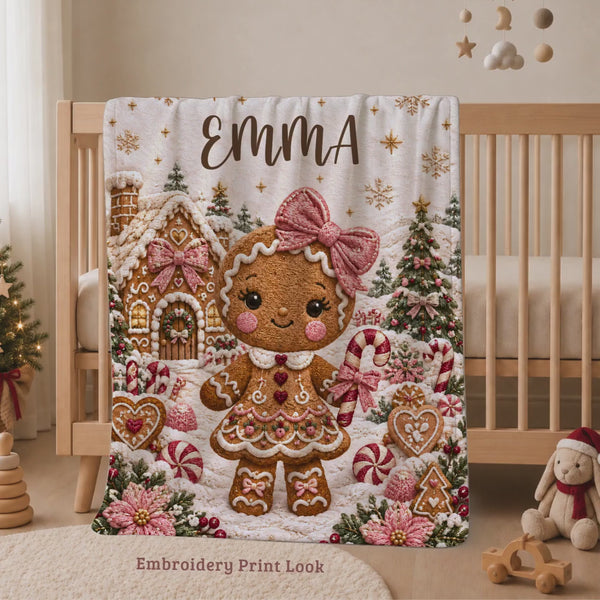 Gingerbread Baby Blanket with Name Personalized, First Christmas Gift for Kids, Candyland Nursery Embroidery Look Print