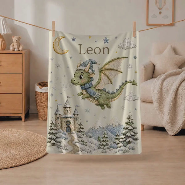 Personalized Dragon Baby Blanket with Name, Winter Embroidery Fantasy Castle Nursery, Snow Newborn Gift, Magical Baby Shower Keepsake