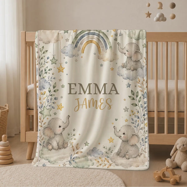 Elephant Baby Blanket with Name, Watercolor Safari Nursery Throw, Custom Name Swaddle Velveteen, Girl Baby Shower
