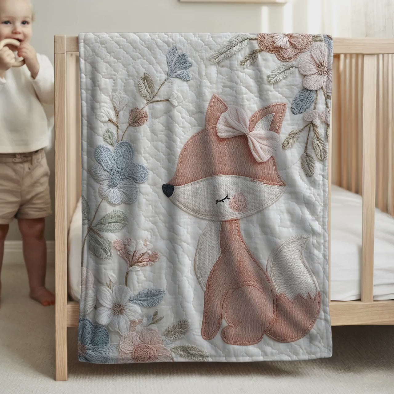 Fox Baby Blanket Embroidered look • Fox With Flowers • Woodland Blanket • Neutral Nursery Decor • Baby shower Gift