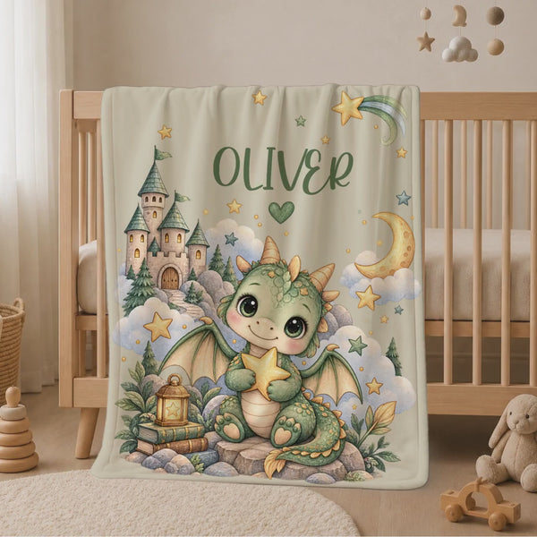 Personalized Dragon Baby Blanket, Custom Name Baby Boy Gift, Fantasy Castle Nursery Decor, Magical Newborn Blanket, Baby Shower Keepsake
