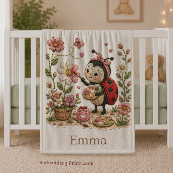 Ladybug Floral Baby Blanket Personalized with Name, Custom Garden Friends Embroidery, Whimsical Nursery Gift, Newborn Baby Girl Shower