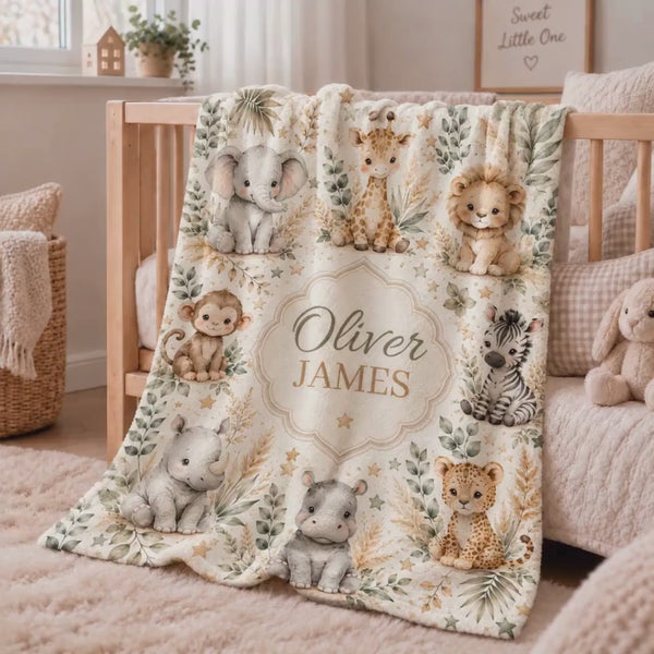 Safari Baby Blanket with Name, Personalized Jungle Animals Baby Blanket, Custom Velveteen Nursery Blanket, Baby Shower Gift