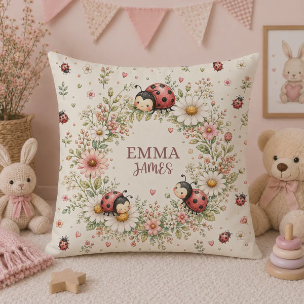 Personalized Ladybug Pillow Cover with Name, Baby Girl Nursery Pillow, Watercolor Floral Cushion Cover, Garden Nursery Decor
