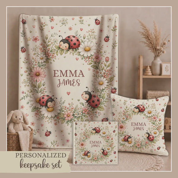 Personalized Ladybug Baby Gift Set Personalized with Name, Baby Blanket, Photo Album & Pillowcase, Baby Shower Gift, Newborn Keepsake