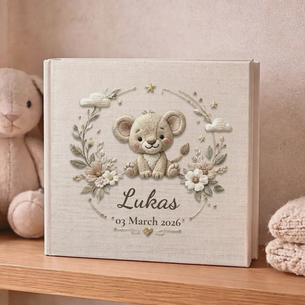 Personalized Lion Memory Book with Name, Safari Baby Photo Album, Safari Nursery Baby Book, First Year Baby Memory Album, Baby Shower Gift