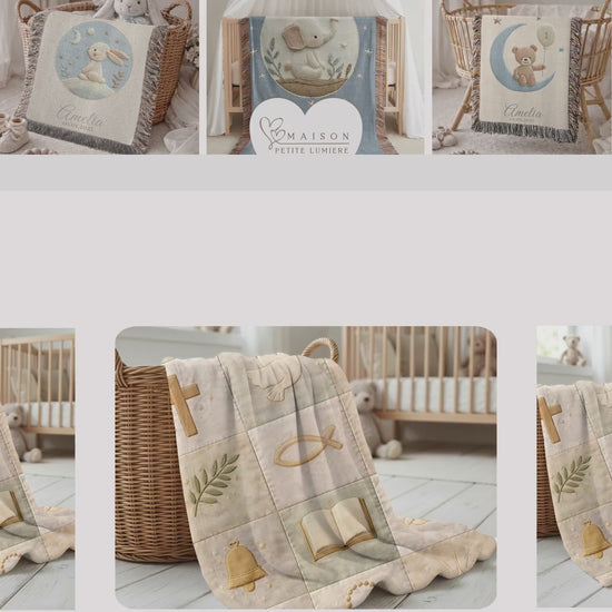 Personalized Christian Patchwork Baby Blanket with Name • Faith Quilt Look Baby Blanket • Neutral Religious Nursery Decor • Baptism Newborn