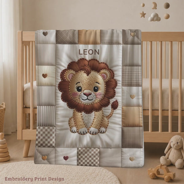 Personalized Lion Baby Blanket with Name • Patchwork Quilt Look Safri Nursery Blanket, Cutom Neutral Baby Newborn Baby Shower Gift