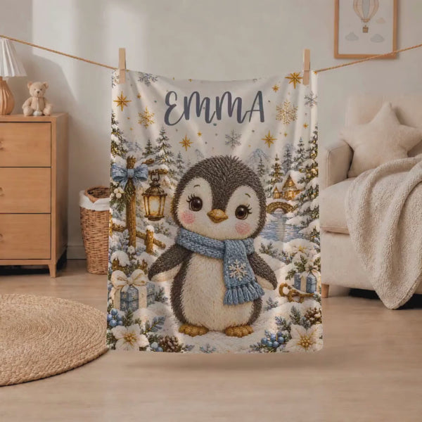 Personalized Christmas Baby Blanket, Penguin with Name for Kids, First Holiday Gift, Winter Nursery Embroidery Look Print