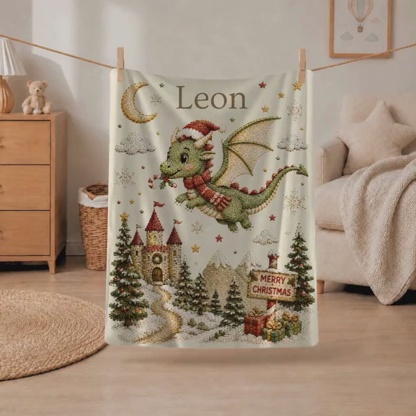 Christmas Dragon Baby Blanket for Boys, Personalized Name, Embroidery Fantasy Castle Nursery, Baby First Christmas Gift, Holiday Keepsake