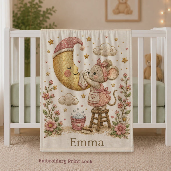 Personalized Mouse Moon Baby Blanket, Embroidery Look, Floral Nursery Gift