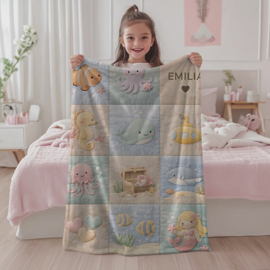 Patchwork Look Baby Blanket with Name • Underwater World • Fish Whale Octopus Mermaid • Quilt Look • Nursery Decor • Newborn Baby Gift