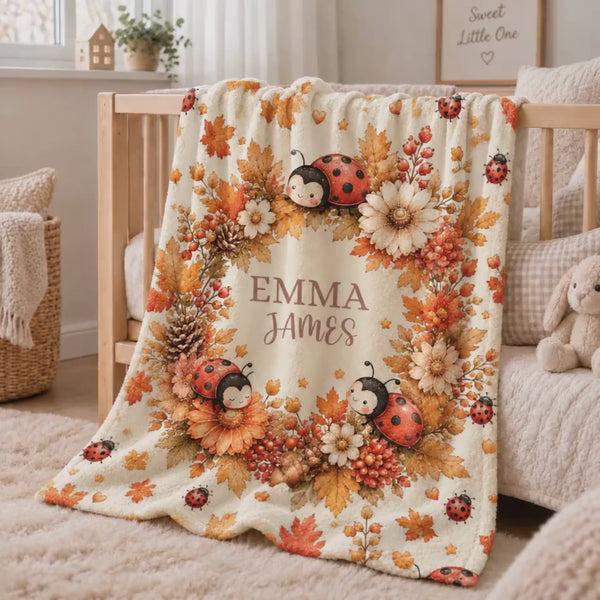 Ladybug Blanket with Name for Girls Personalized, Autumn Floral Nursery Throw, Fall Woodland Name Keepsake, Insect Crib Newborn Baby Shower