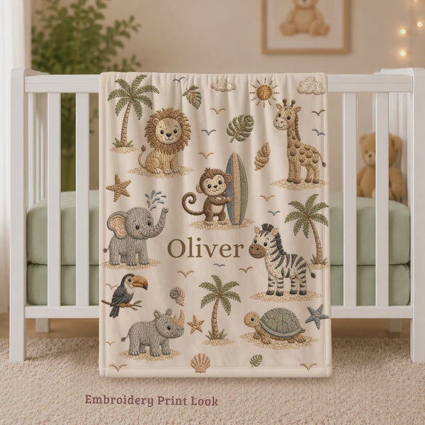 Safari Animals Baby Blanket, Custom Name Baby Boy Blanket, Embroidered Animal Blanket, Nursery Decor, Baby Shower Gift