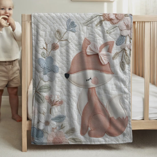 Fox Baby Blanket Embroidered look • Fox With Flowers • Woodland Blanket • Neutral Nursery Decor • Baby shower Gift